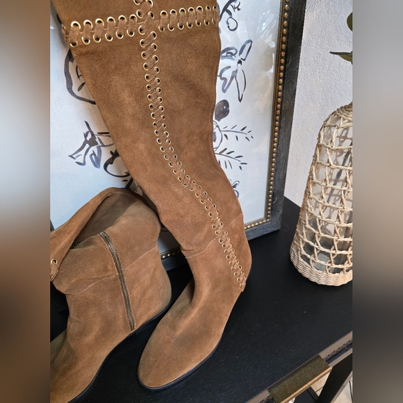 Michael Kors Malin Over The Knee Boots Brown And Gold Suede Boots Size 9 - Picture 2 of 11